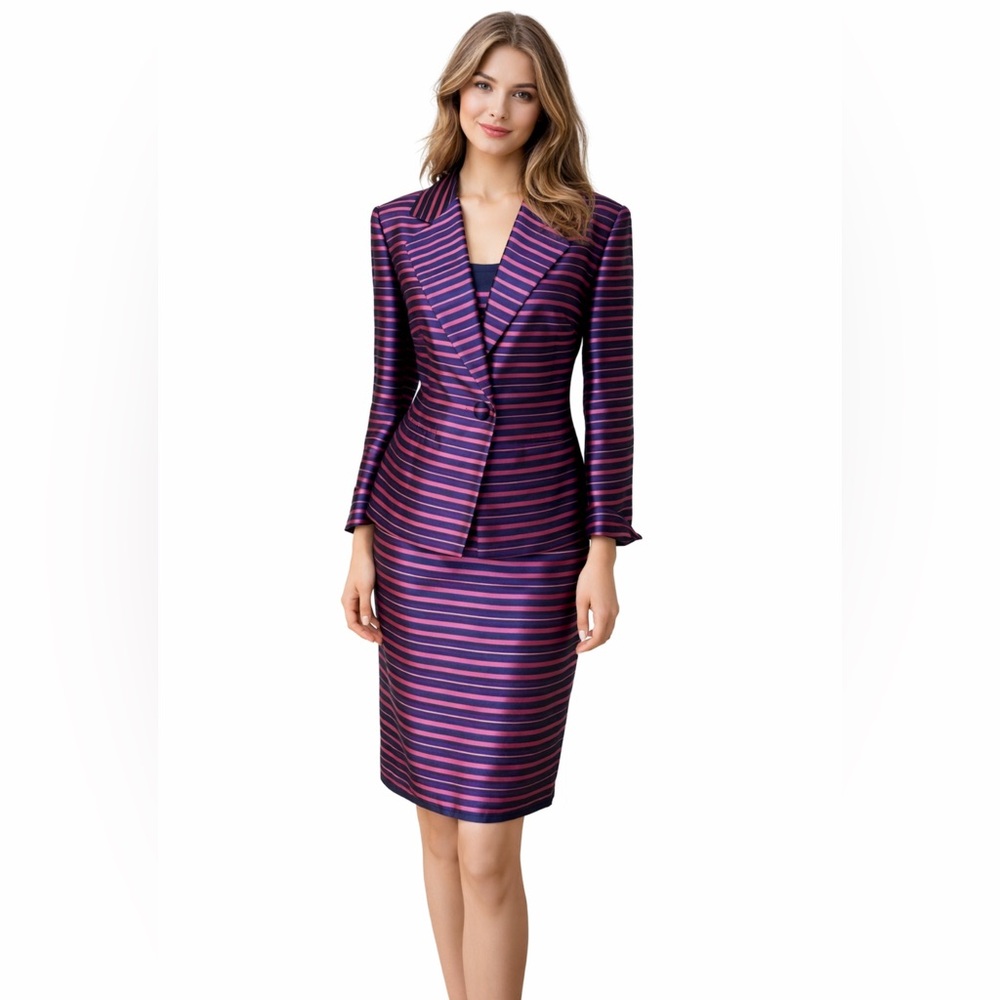 Talbots Dress & Jacket Blazer Suit 12 Navy Blue Pink Silk Cotton Stripe
